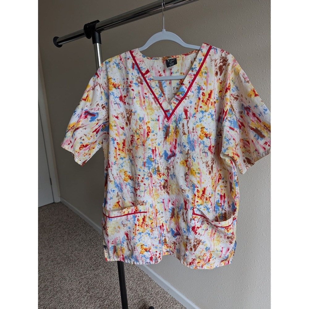 TD Scrubs XL V-Neck Top Abstract Paint Splatter‎ Multicolor Red Blue Yellow